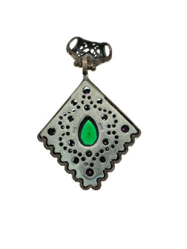 Pendant - Vintage 925 Silver Pendant with Lab Grown Emerald, Lab Grown Rubies and Crystals - ML2126