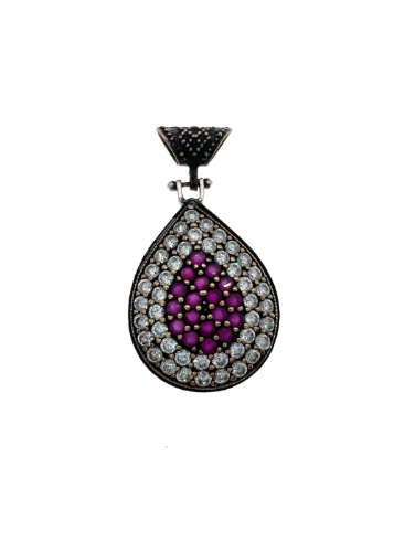 Pendant - Vintage Silver Tone Teardrop Pendant, 18 Ruby Type Rhinestones with 44 Diamantes - ML2127