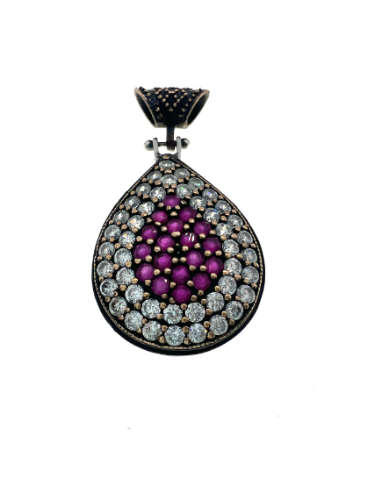 Pendant - Vintage Silver Tone Teardrop Pendant, 18 Ruby Type Rhinestones with 44 Diamantes - ML2127