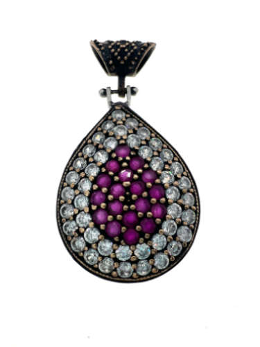 Pendant - Vintage Silver Tone Teardrop Pendant, 18 Ruby Type Rhinestones with 44 Diamantes - ML2127