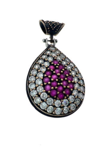 Pendant - Vintage Silver Tone Teardrop Pendant, 18 Ruby Type Rhinestones with 44 Diamantes - ML2127