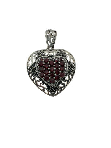 Pendant - Vintage 925 Silver Filigree and Marcasite Heart Pendant with Ruby Type Stones - ML2128