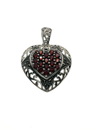 Pendant - Vintage 925 Silver Filigree and Marcasite Heart Pendant with Ruby Type Stones - ML2128