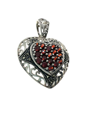 Pendant - Vintage 925 Silver Filigree and Marcasite Heart Pendant with Ruby Type Stones - ML2128