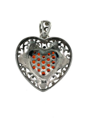 Pendant - Vintage 925 Silver Filigree and Marcasite Heart Pendant with Ruby Type Stones - ML2128