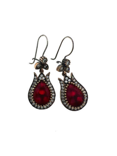 Earrings - Vintage 925 Silver Earrings Flower Design. 3 Crystal stones and Lab Grown Ruby - ML2130