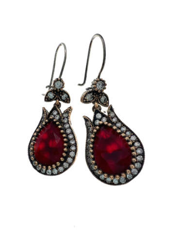Earrings - Vintage 925 Silver Earrings Flower Design. 3 Crystal stones and Lab Grown Ruby - ML2130