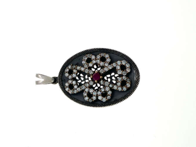 Pendant - Vintage 925 Silver Oval-Shaped Pendant with Crystal Stones and Lab Grown Ruby - ML2134