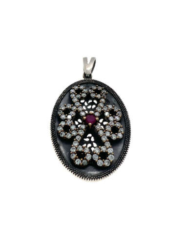 Pendant - Vintage 925 Silver Oval-Shaped Pendant with Crystal Stones and Lab Grown Ruby - ML2134