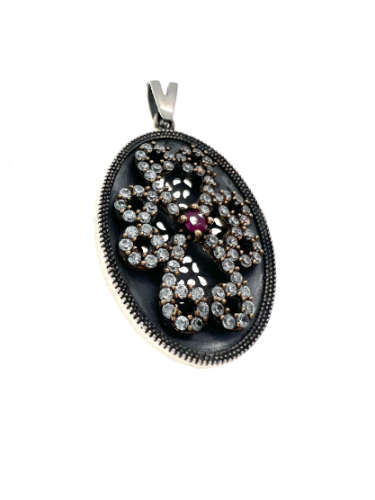 Pendant - Vintage 925 Silver Oval-Shaped Pendant with Crystal Stones and Lab Grown Ruby - ML2134