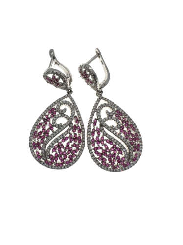 Earrings - Vintage 925 Silver Teardrop Earrings with Natural Pink Sapphires and Crystals - ML2135
