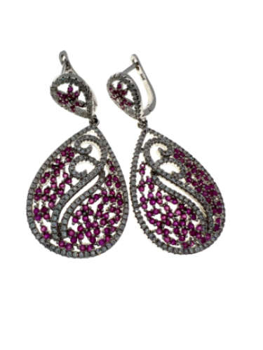 Earrings - Vintage 925 Silver Teardrop Earrings with Natural Pink Sapphires and Crystals - ML2135
