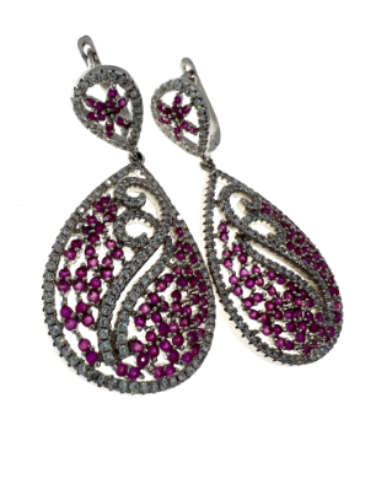 Earrings - Vintage 925 Silver Teardrop Earrings with Natural Pink Sapphires and Crystals - ML2135