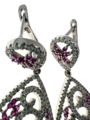 Earrings - Vintage 925 Silver Teardrop Earrings with Natural Pink Sapphires and Crystals - ML2135