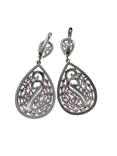 Earrings - Vintage 925 Silver Teardrop Earrings with Natural Pink Sapphires and Crystals - ML2135