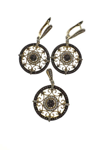 Set - 925 Silver Round Circle with Purple Smoked Quartz and Filigree Design - ML2136