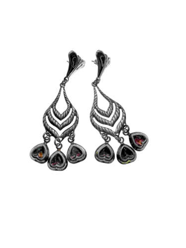 Earrings - Vintage 925 Silver Earrings with Dangly Hearts. 3 Different Colour Stones - ML2149
