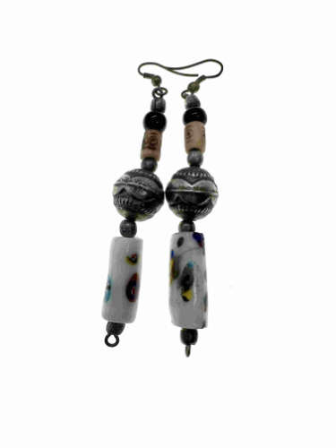 Earrings - Silver Tone Ceramic Earrings. Large Silver Ball. Colourful Hanging Vintage Glass - ML2151