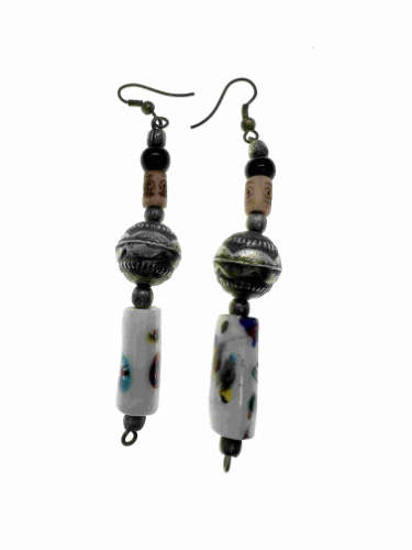 Earrings - Silver Tone Ceramic Earrings. Large Silver Ball. Colourful Hanging Vintage Glass - ML2151