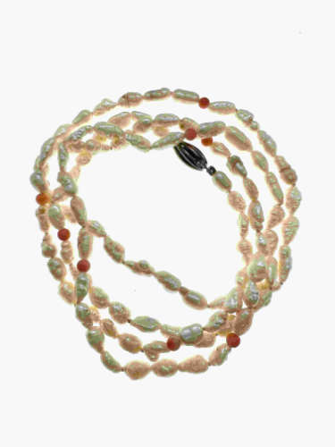 Necklace - Freshwater Pearls with Coral Colour Beads Necklace and 925 Silver Clasp - ML2152
