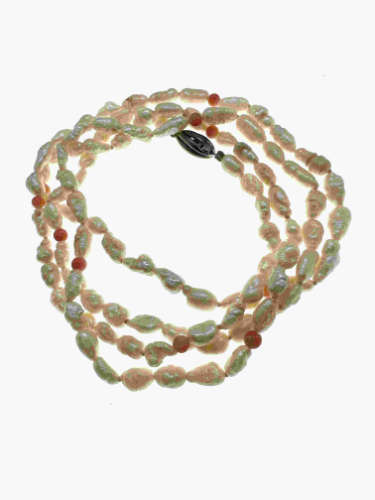 Necklace - Freshwater Pearls with Coral Colour Beads Necklace and 925 Silver Clasp - ML2152
