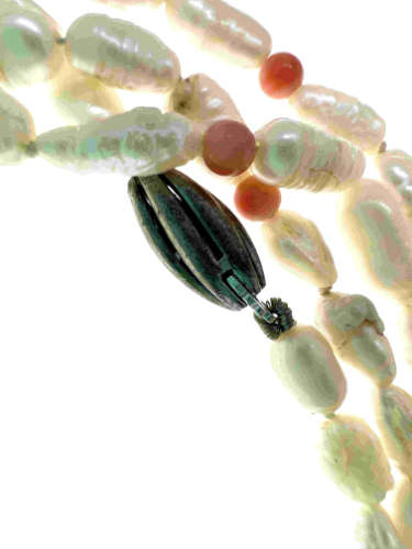 Necklace - Freshwater Pearls with Coral Colour Beads Necklace and 925 Silver Clasp - ML2152