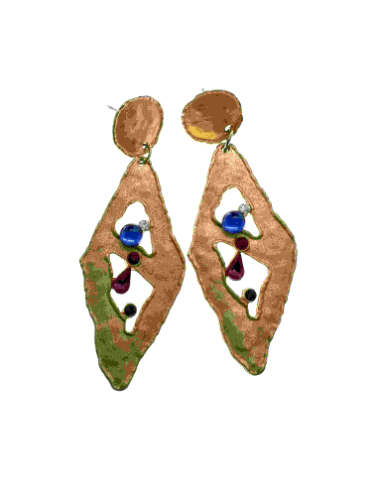 Earrings - Gold Tone Diamond Shape Dangle Earrings with Multi-colour Rhinestones - ML2157