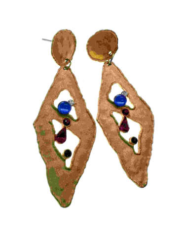 Earrings - Gold Tone Diamond Shape Dangle Earrings with Multi-colour Rhinestones - ML2157