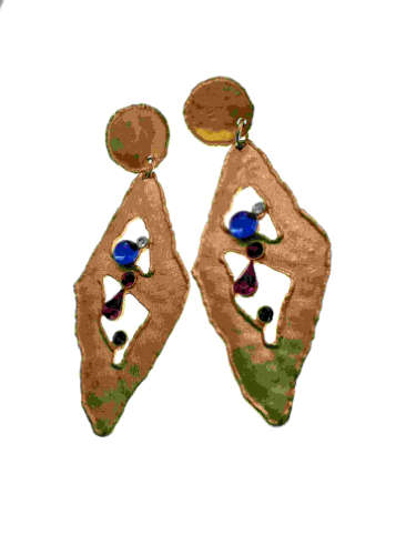 Earrings - Gold Tone Diamond Shape Dangle Earrings with Multi-colour Rhinestones - ML2157