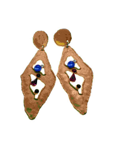 Earrings - Gold Tone Diamond Shape Dangle Earrings with Multi-colour Rhinestones - ML2157