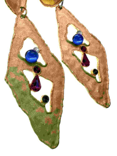 Earrings - Gold Tone Diamond Shape Dangle Earrings with Multi-colour Rhinestones - ML2157