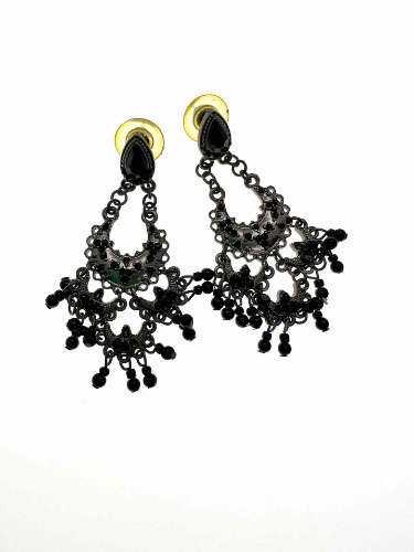 Earrings -  Vintage Silver Tone Gypsy Style Dangly Earrings with Black Beads Cascading - ML2159