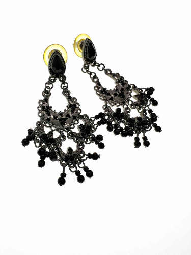 Earrings -  Vintage Silver Tone Gypsy Style Dangly Earrings with Black Beads Cascading - ML2159