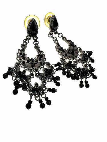 Earrings -  Vintage Silver Tone Gypsy Style Dangly Earrings with Black Beads Cascading - ML2159