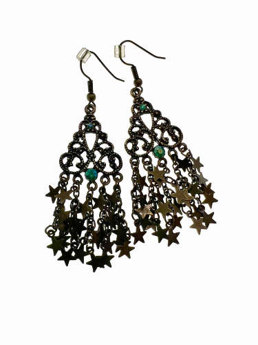 Earrings - Bronze Tone Dangle Earrings with Cascading Stars and Jade Rhinestones - ML2160
