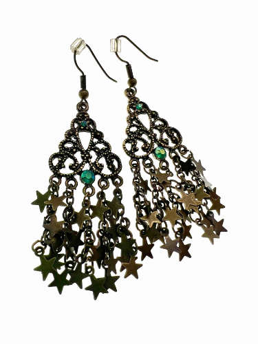 Earrings - Bronze Tone Dangle Earrings with Cascading Stars and Jade Rhinestones - ML2160