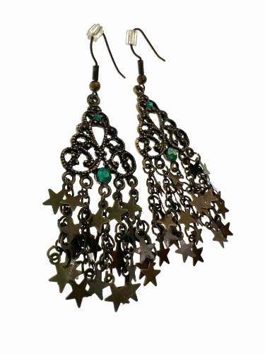 Earrings - Bronze Tone Dangle Earrings with Cascading Stars and Jade Rhinestones - ML2160