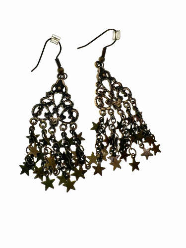 Earrings - Bronze Tone Dangle Earrings with Cascading Stars and Jade Rhinestones - ML2160