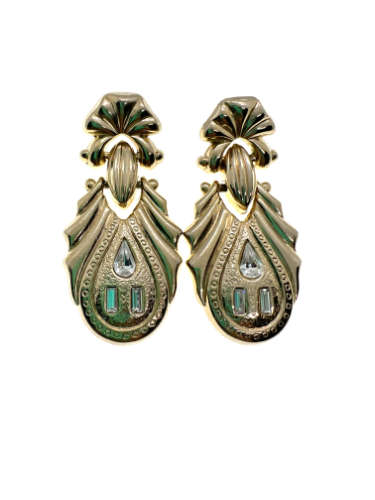 Earrings - Gold Tone Dangle Earrings with 3 Diamantes for Pierced Ears - ML2161