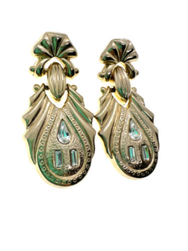 Earrings - Gold Tone Dangle Earrings with 3 Diamantes for Pierced Ears - ML2161