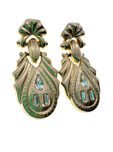 Earrings - Gold Tone Dangle Earrings with 3 Diamantes for Pierced Ears - ML2161