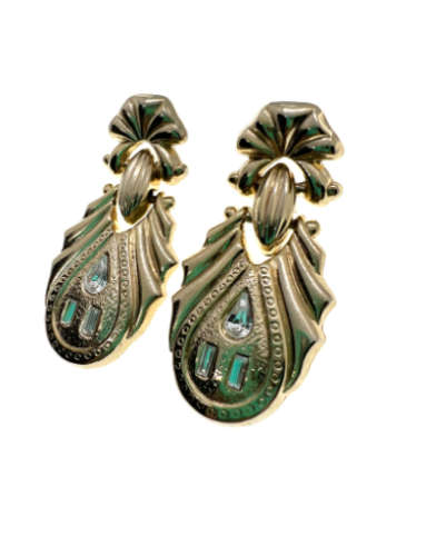 Earrings - Gold Tone Dangle Earrings with 3 Diamantes for Pierced Ears - ML2161