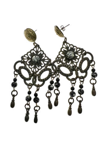 Earrings - Metal Tone Dangle Earrings with Black and Copper Tone Beads - ML2165