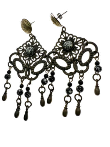 Earrings - Metal Tone Dangle Earrings with Black and Copper Tone Beads - ML2165