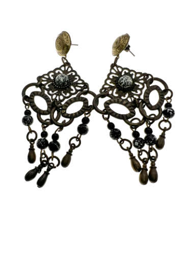 Earrings - Metal Tone Dangle Earrings with Black and Copper Tone Beads - ML2165