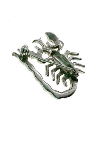 Brooch - Silver Tone Lobster Brooch Stamped 9 JL with Diamantes in the Tail - ML2173
