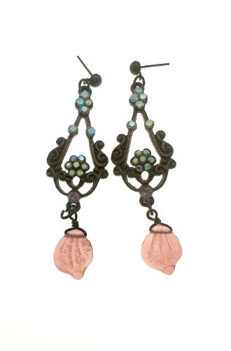 Earrings - Vintage Bronze Tone Dangle Earrings with 13 Diamante Stones and Hanging Pink Bead - ML...