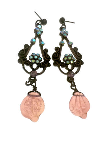 Earrings - Vintage Bronze Tone Dangle Earrings with 13 Diamante Stones and Hanging Pink Bead - ML...