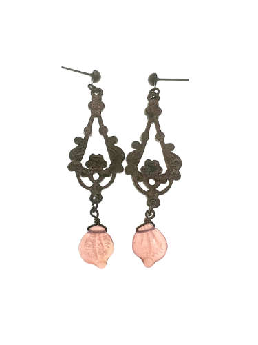 Earrings - Vintage Bronze Tone Dangle Earrings with 13 Diamante Stones and Hanging Pink Bead - ML...