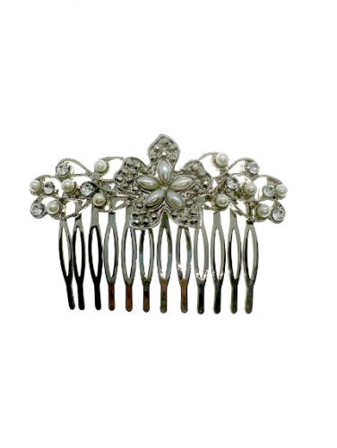 Hair Comb - Vintage Silver Tone Hair Comb with Floral Design and Diamante Stones - ML2181